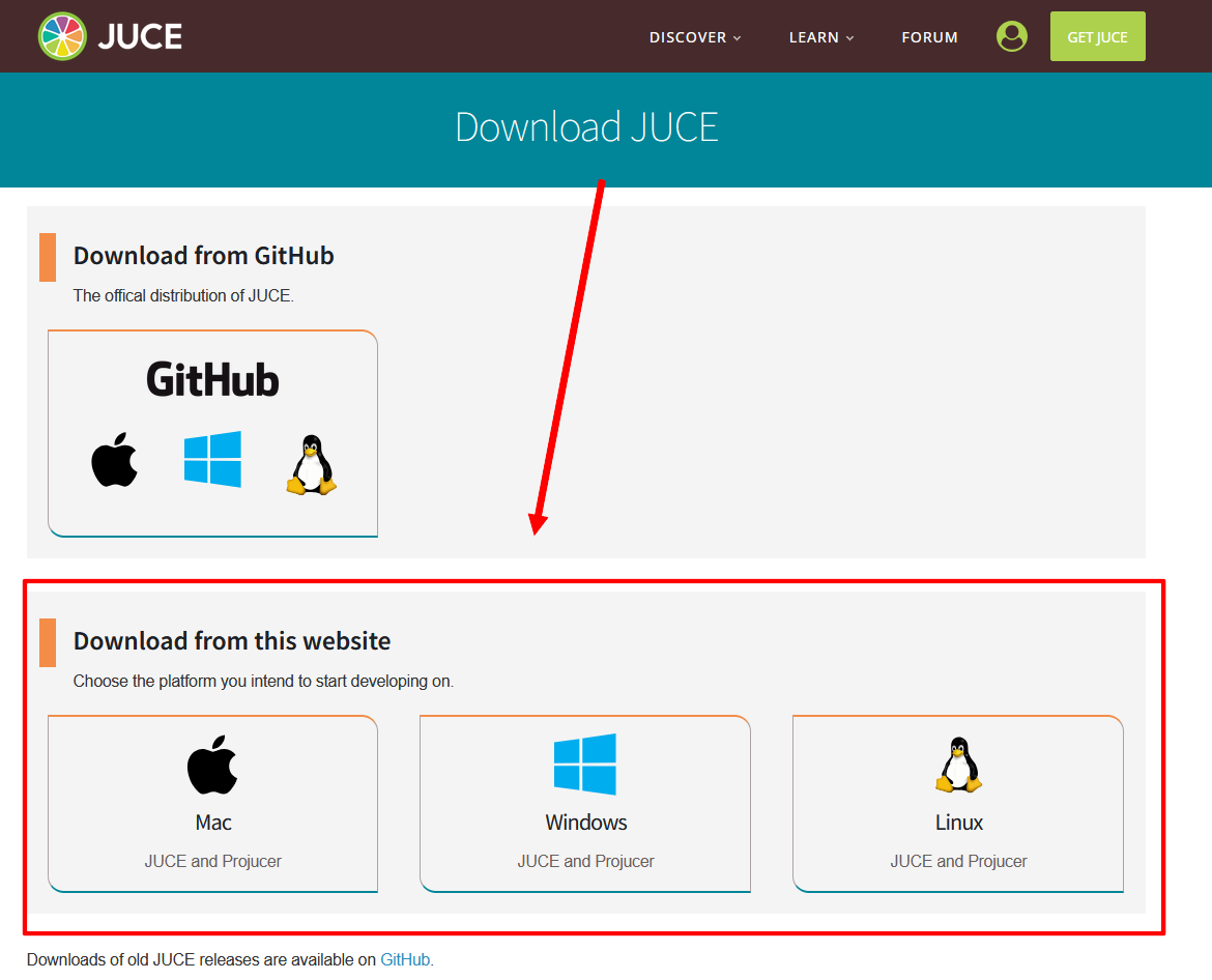 screenshot of the downloadsite on the JUCE website